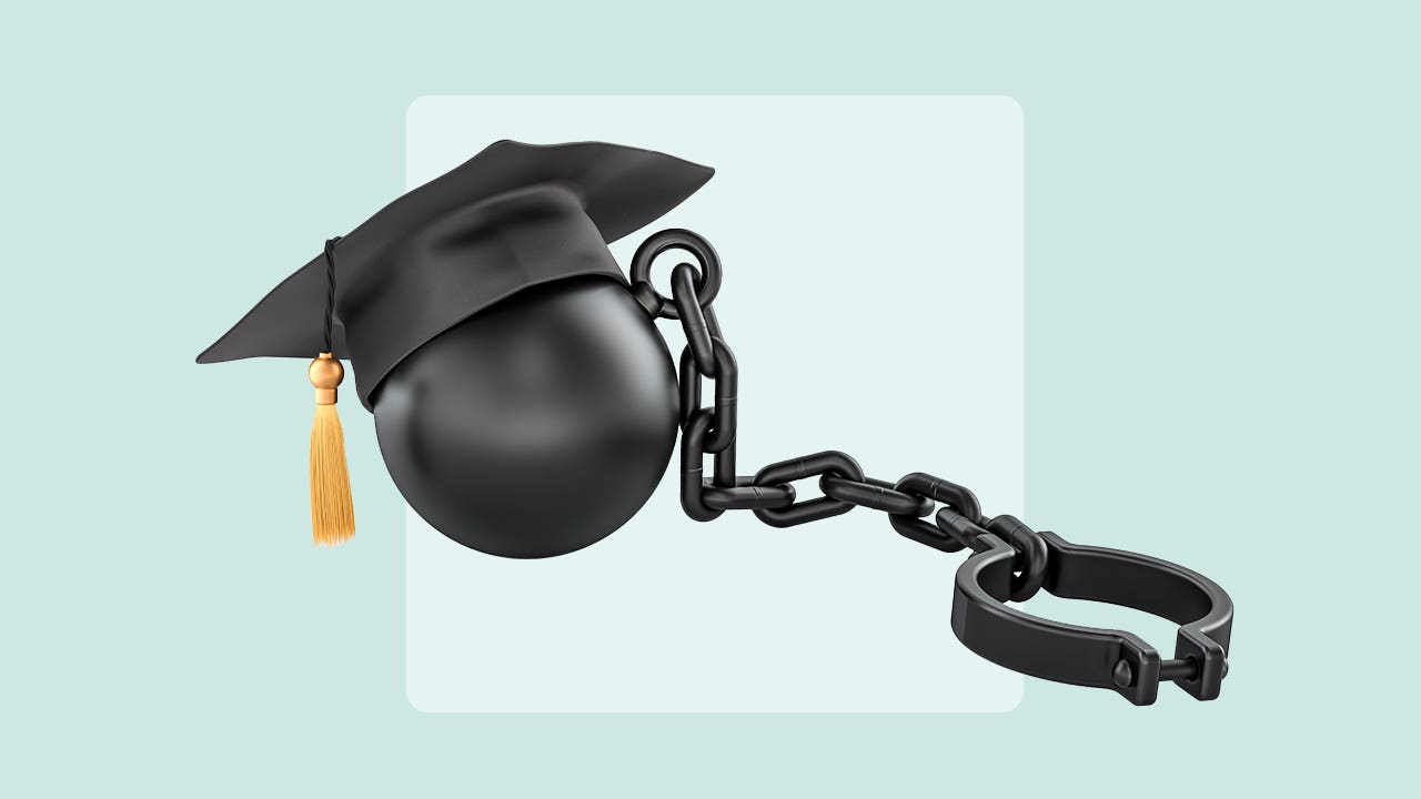 A ball and chain wearing a graduation cap