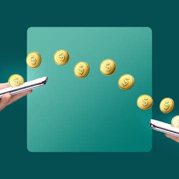 Illustration of two hands holding phones, sending physical gold coins to one another.