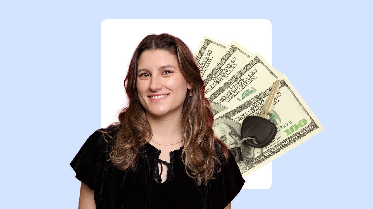 woman smiling in front of fanned out cash with car keys