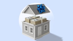 photo illustration: house filled with stacks of cash, light blue background