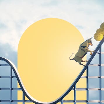 A styalized roller coaster with a bull pushing gold coins up the incline.