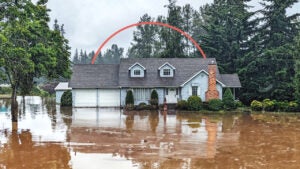 single family home submerged in floodwaters