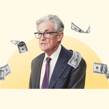 Illustration of Fed Chair Jerome Powell with money around him.