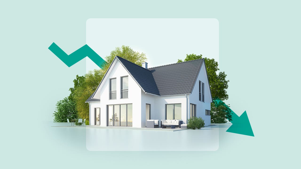 design image of a home and down trending arrow behind it