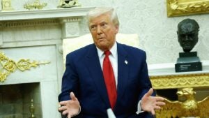 U.S. President Donald Trump answers a reporters question during a meeting with Israeli Prime Minister Benjamin in the Oval Office of the White House on April 7, 2025 in Washington, DC.