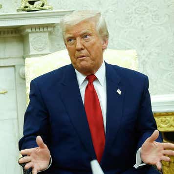 U.S. President Donald Trump answers a reporters question during a meeting with Israeli Prime Minister Benjamin in the Oval Office of the White House on April 7, 2025 in Washington, DC.