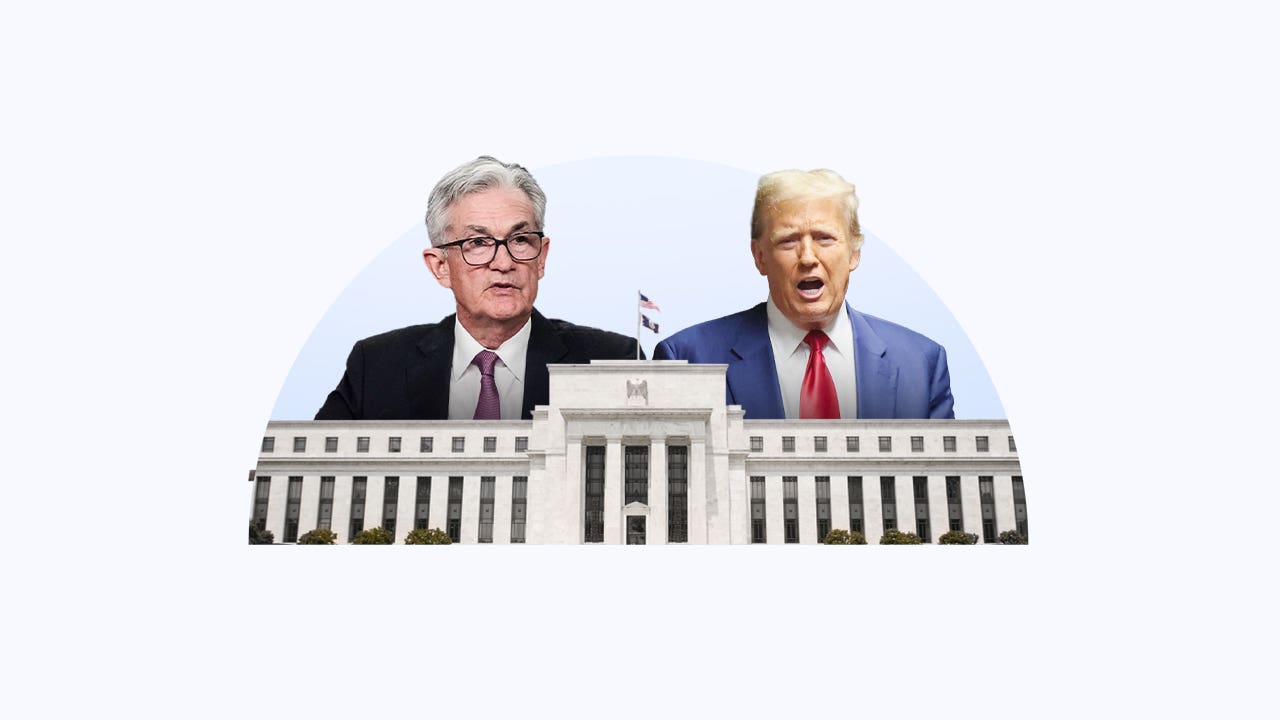 Image of Jerome Powell and Donald Trump side by side above the Federal Reserve building.