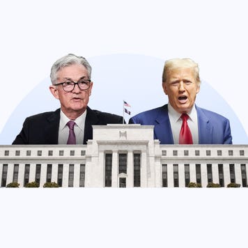 Image of Jerome Powell and Donald Trump side by side above the Federal Reserve building.
