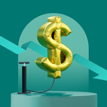 Dollar sign balloon being blown up by a pump on a green background with an arrow pointing down to the right