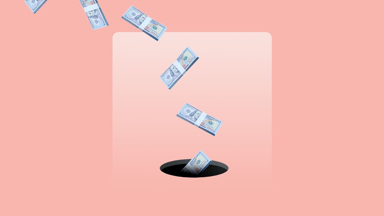 Pink background with stacks of 100 dollar bills (U.S.) falling into a hole.