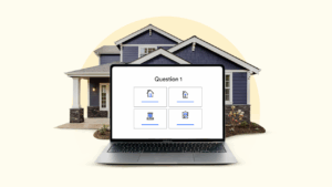 photo illustration of blue house with online form in front of it, light yellow background