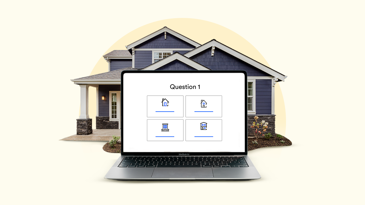 photo illustration of blue house with online form in front of it, light yellow background