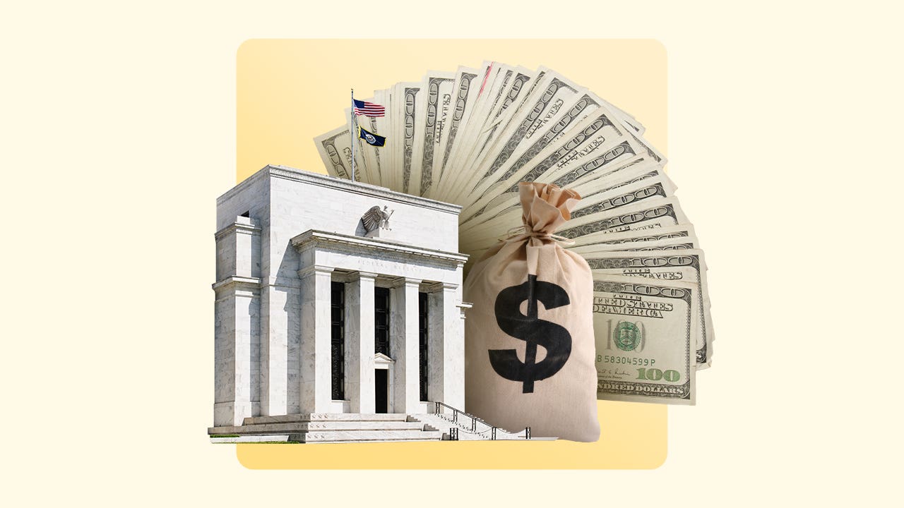 collage of a federal building, moneybag and spread of cash over a light yellow background