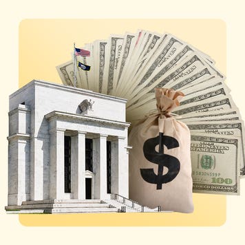 collage of a federal building, moneybag and spread of cash over a light yellow background