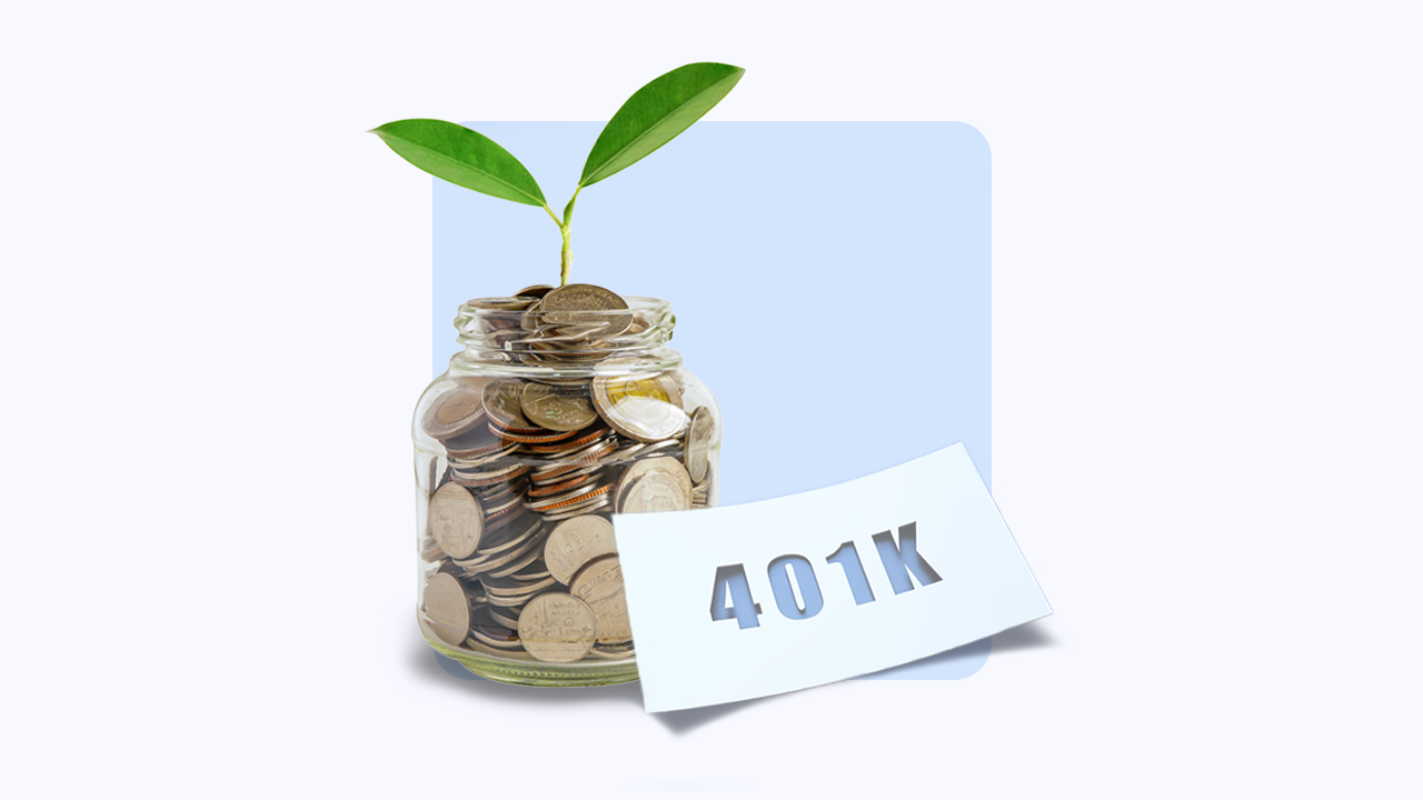 Jar of coins with a sprout growing out of it.