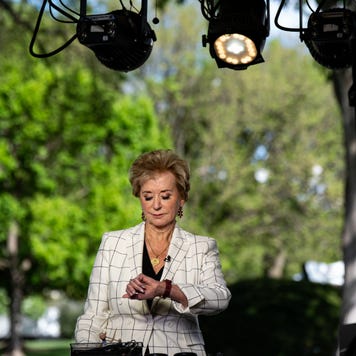 Education Department secretary Linda McMahon looks at her watch during a press conference
