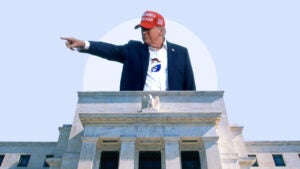 Stylized image of Trump wearing a Maga hat pointing to the left above the Federal Trade building.