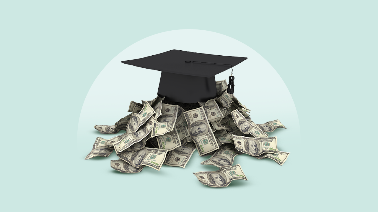 Image of a pile of money with a graduation cap sitting on top of it.