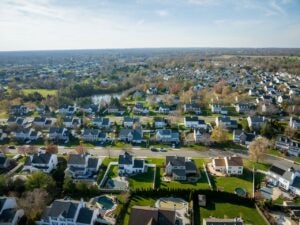 A drone view of single-family homes in Freehold, New Jersey