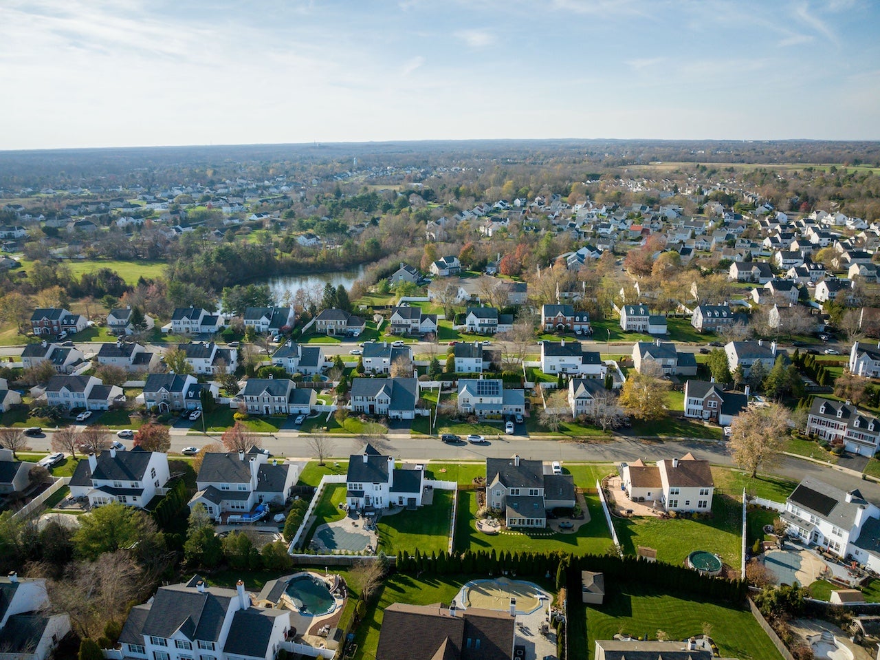 A drone view of single-family homes in Freehold, New Jersey