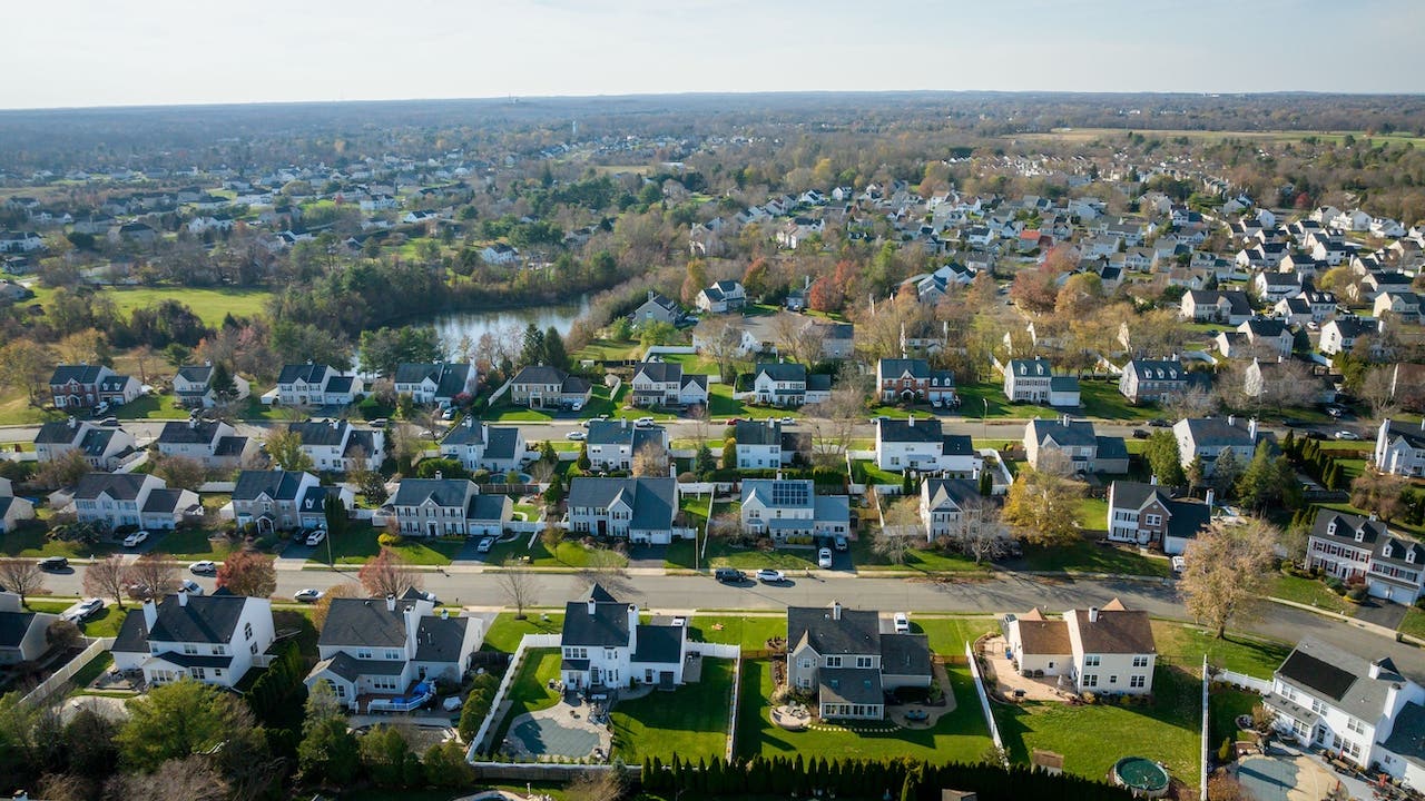 A drone view of single-family homes in Freehold, New Jersey