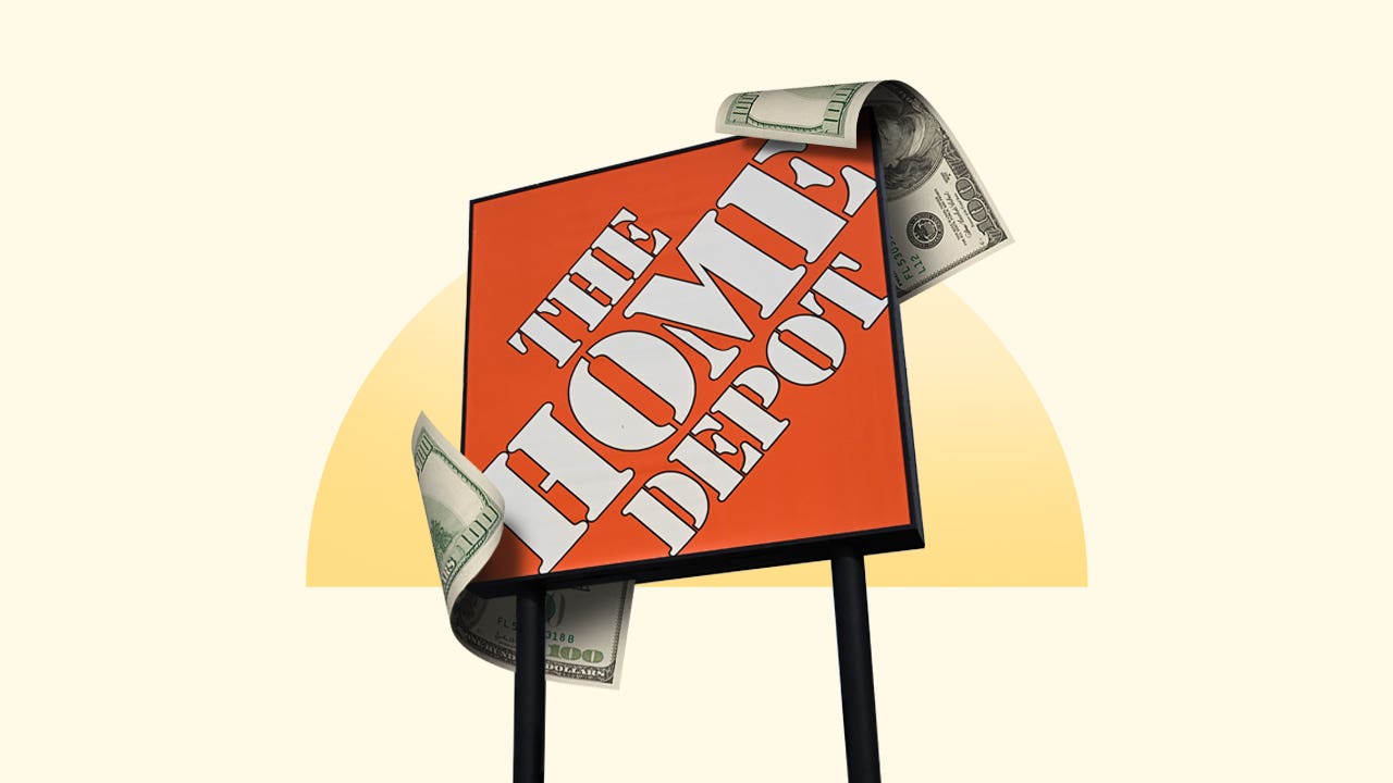 Illustration of Home Depot logo with two $100 bills.