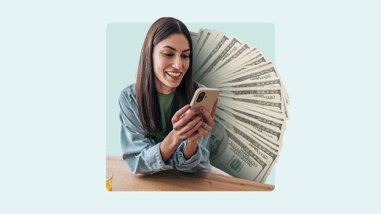 design image of a women on her phone with money bills fanned out in the background