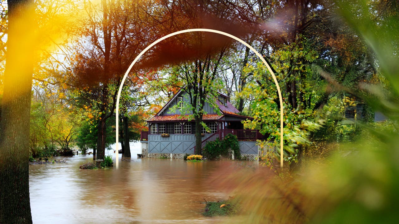 Design element with a photo of a home that has been flooded.