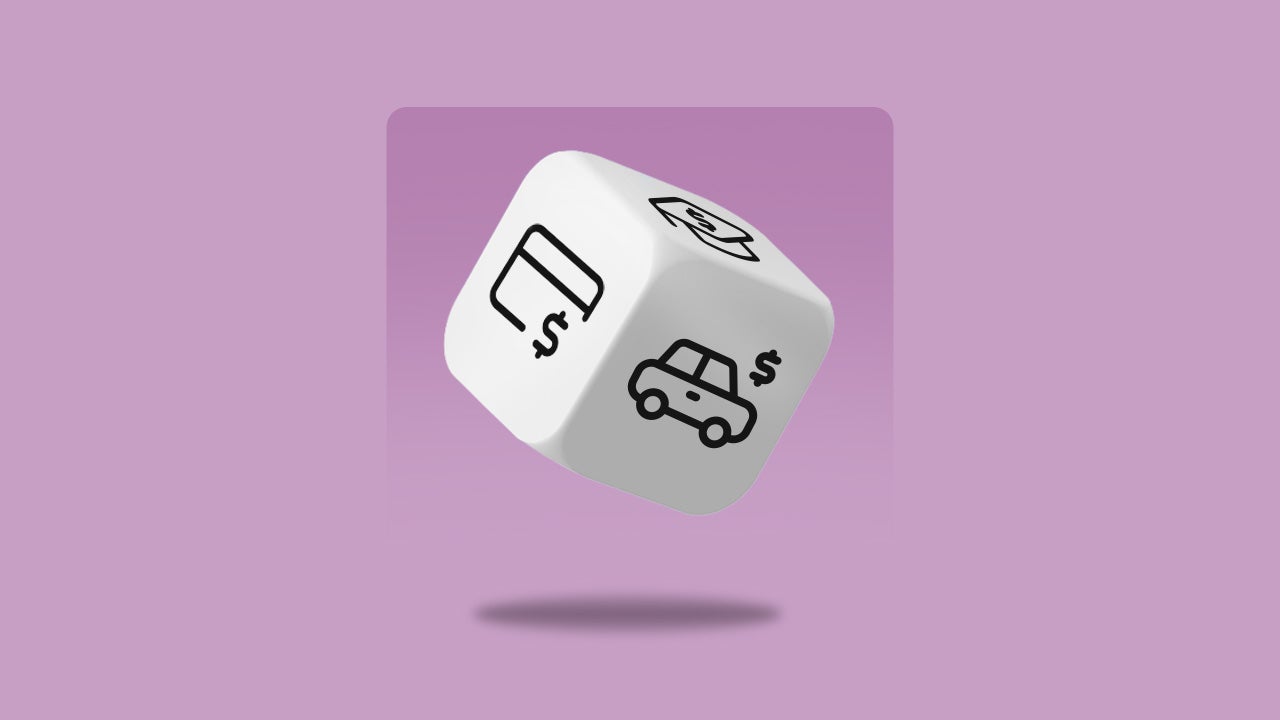 A six-sided die on a purple background. The visible faces of the die show illustrations of a credit card, a car, and a graduation cap.