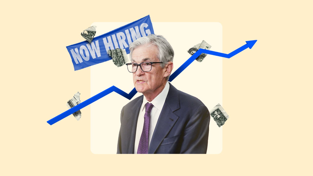 Illustration of Fed Chair Jerome Powell with torn pieces of money falling around him and a jagged arrow rising from the lower left to the upper right. There is also a Now Hiring sign behind him in the upper left of the image.