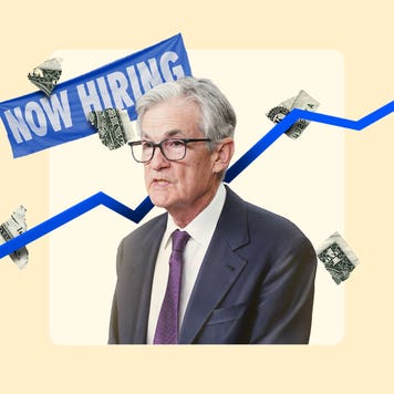 Illustration of Fed Chair Jerome Powell with torn pieces of money falling around him and a jagged arrow rising from the lower left to the upper right. There is also a Now Hiring sign behind him in the upper left of the image.