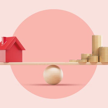 An image of a balance with a red house on one end and a pile of coins on the other on a pink background.