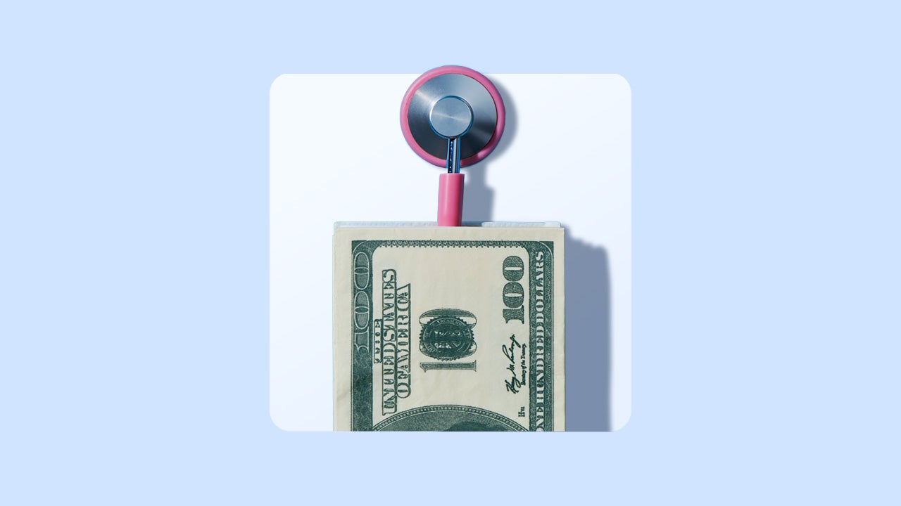Image of a 100 dollar bill (US) attached to a pink stethoscope.
