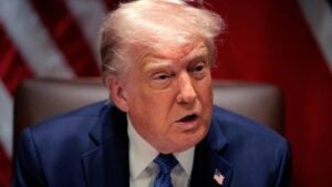 U.S. President Donald Trump delivers remarks during a bilateral lunch with Norway's Prime Minister Jonas Gahr Store in the Cabinet Room at the White House on April 24, 2025 in Washington, DC.