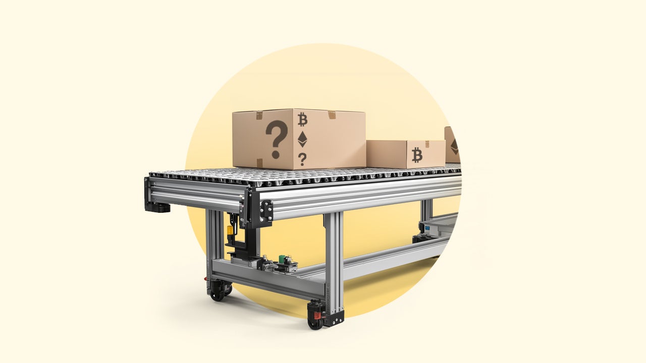 Boxes rolling off a conveyor belt.