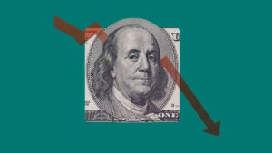 design image of trending downward arrow and the face of the one hundred dollar bill