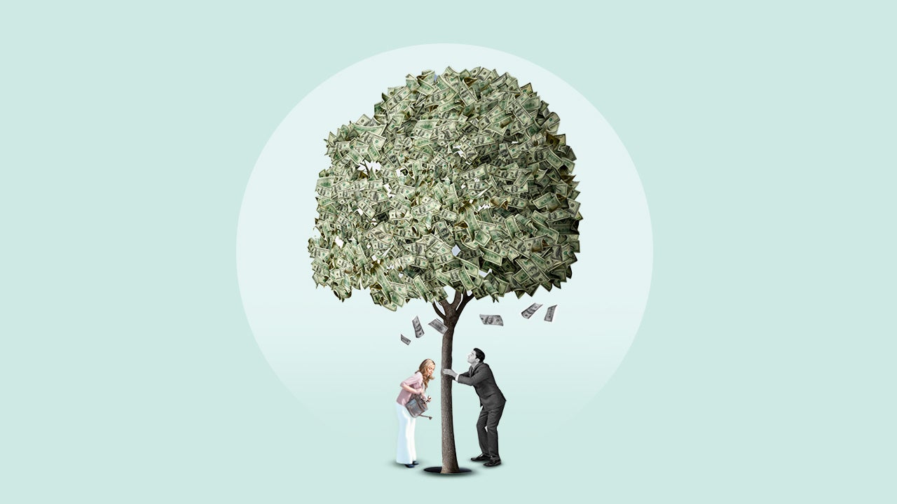 design image of a tree made out of money and two people trying to shake it