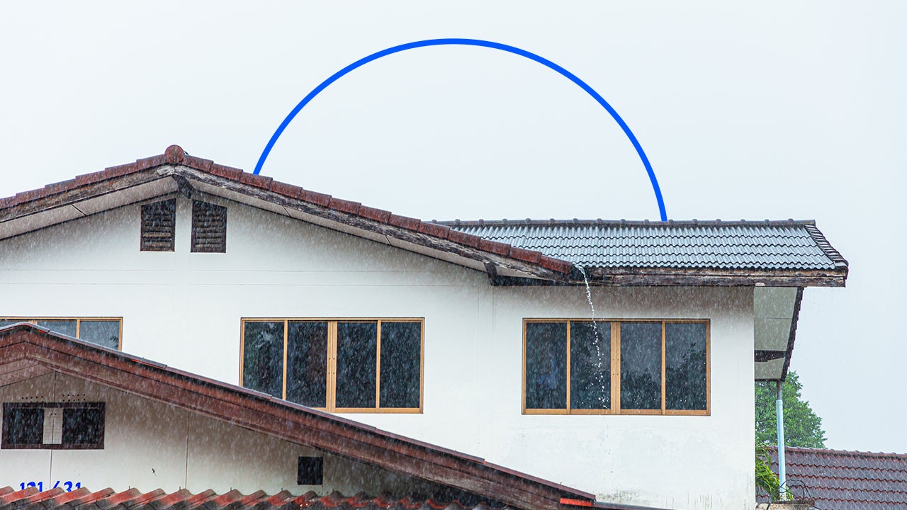 image of home in the rain with water pouring off roof