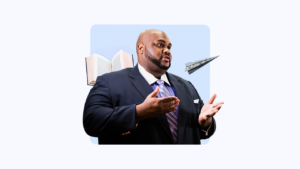 design image of a young man speaking and gesturing with his hands and an open book and paper plane in the background