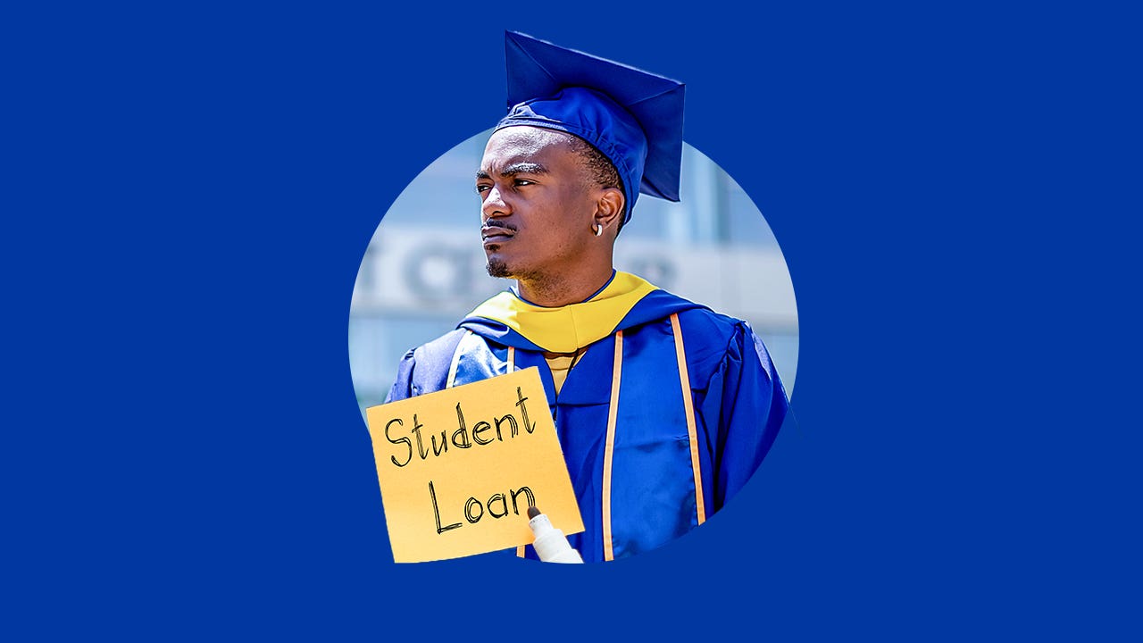 design image of a student graduate and a sticky note saying "student loan"