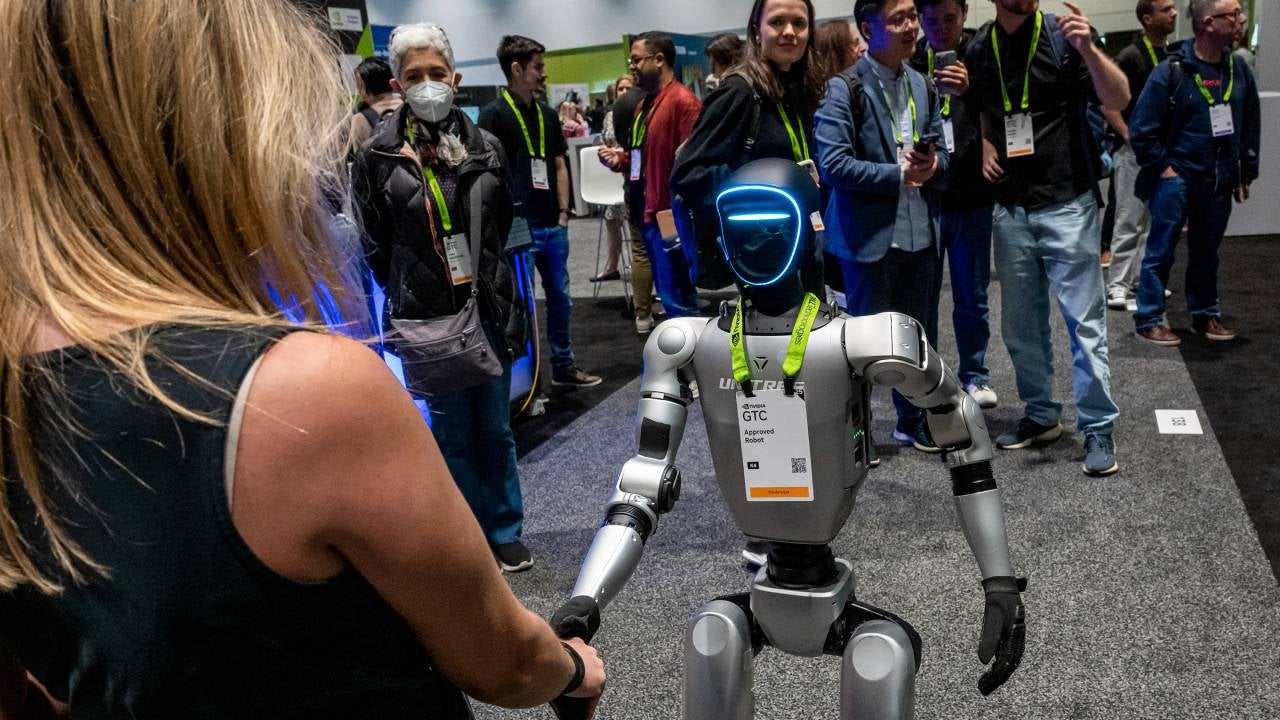 The G1 Humanoid from Unitree Robotics during the Nvidia GPU Technology Conference (GTC) in San Jose, California, US, on Thursday, March 20, 2025. Nvidia Corp., whose products have fueled a flood of artificial intelligence spending, said new types of AI models that produce more complex answers will only increase the need for computing infrastructure.