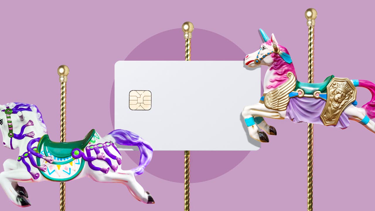 design image of a credit card surrounded by unicorns