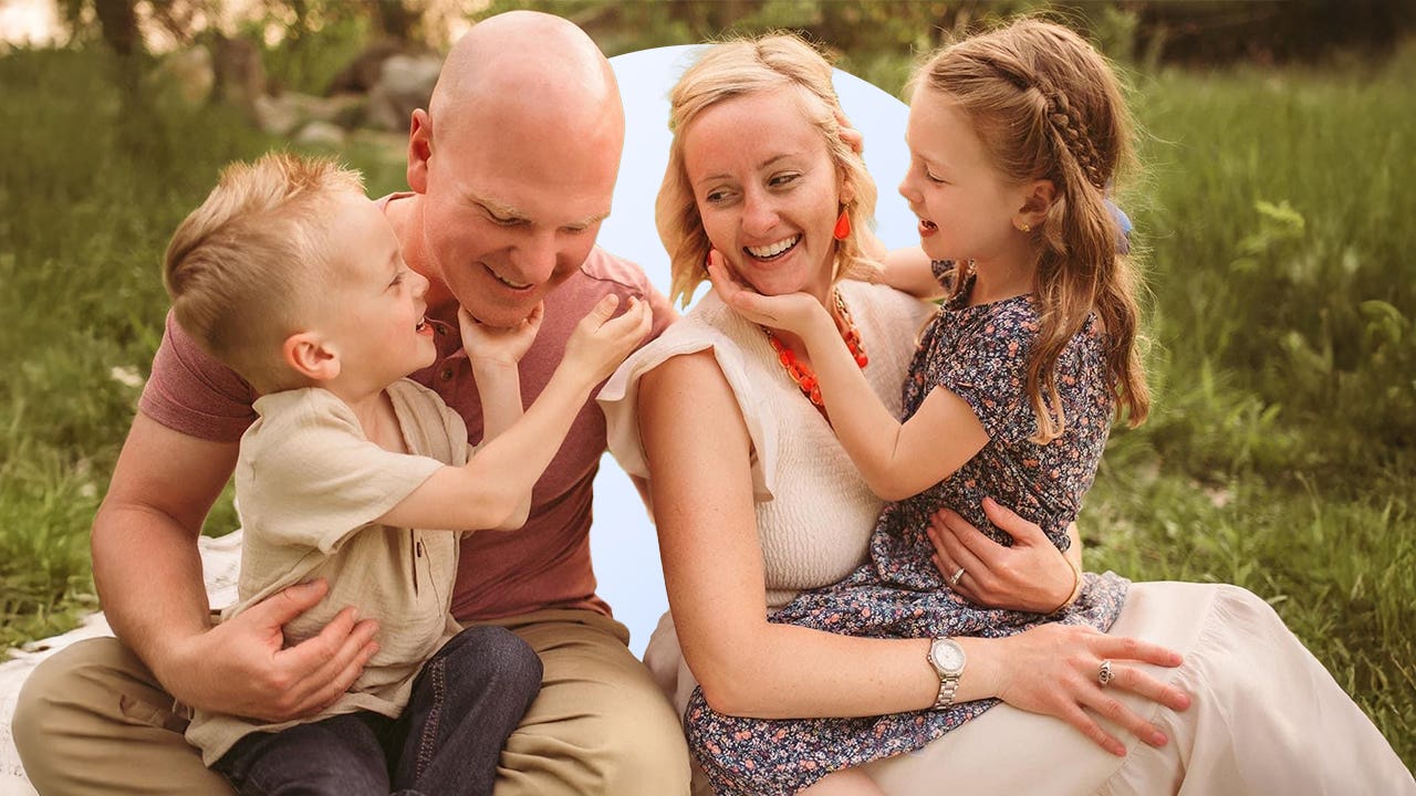 The Bly family sitting in a green area with an illustrated circle background.