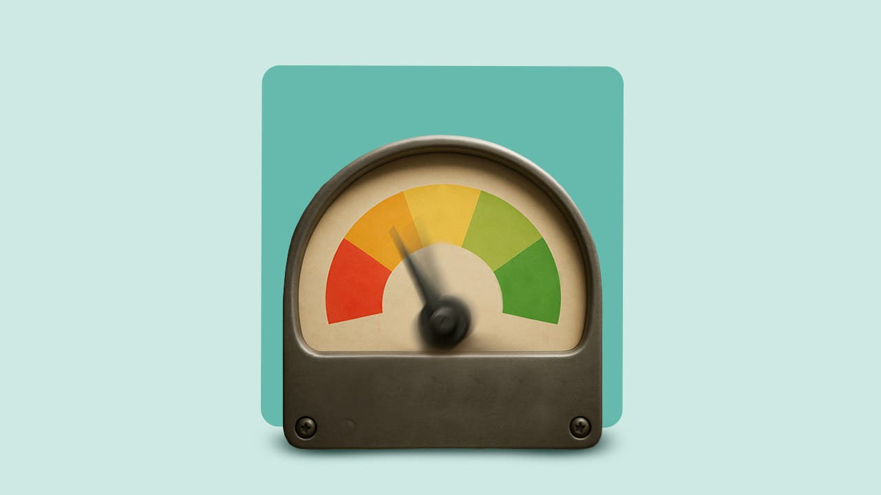 Design element displaying a meter with a range from red to green, the needle is pointing toward the red.