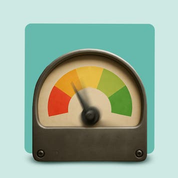 Design element displaying a meter with a range from red to green, the needle is pointing toward the red.