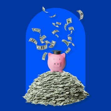 design image of a piggy bank with a graduation cap on top of a pile of money bills