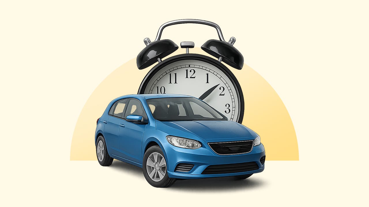 A blue sedan in front of a large alarm clock. Image is on a yellow background.