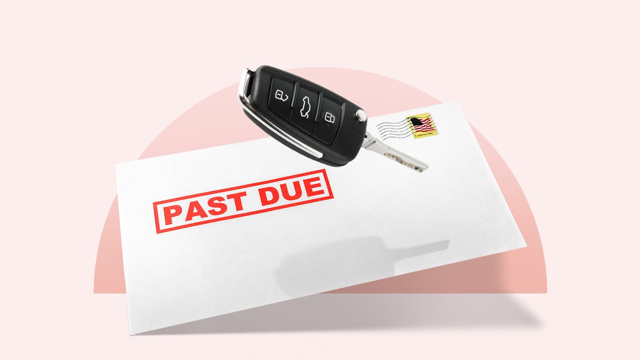 Car key floating above a past due auto bill in an envelope against a pink background