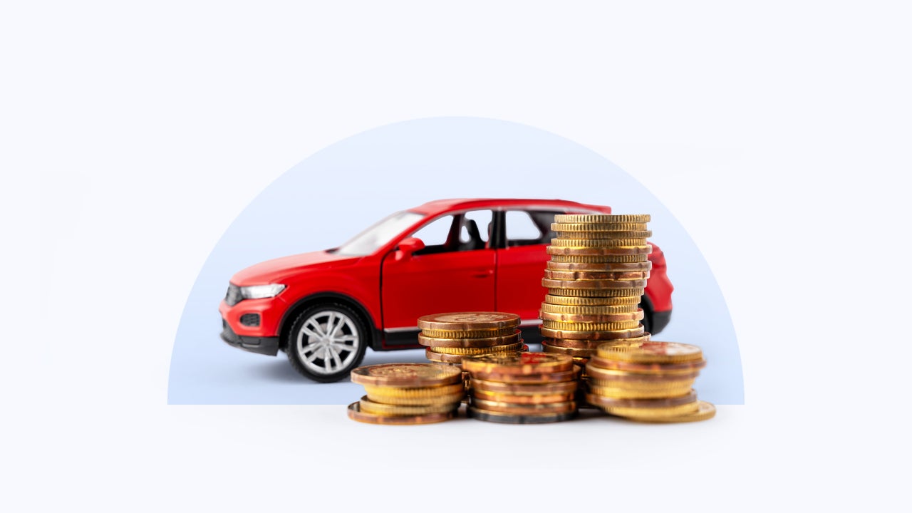 design image of a red car in the background and stacked coins in the front plane