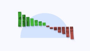 On a blue background, a bar graph shows positive and negative returns